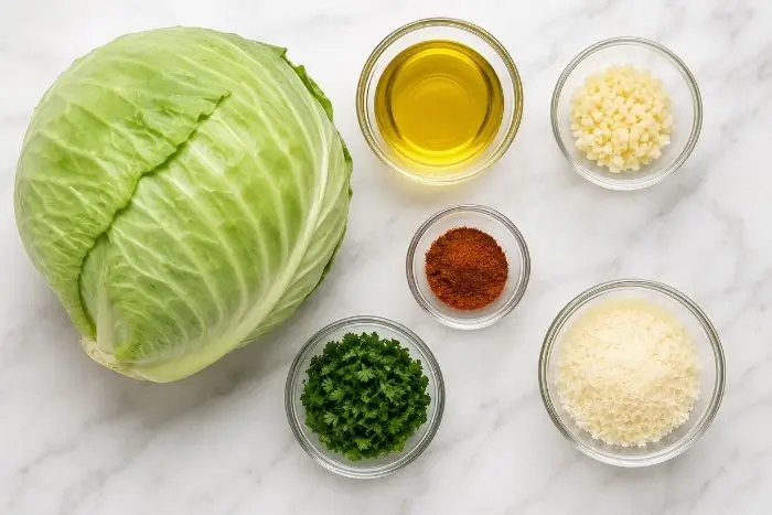 Cabbage Steaks 2 Fresh ingredients laid out for a cabbage steak recipe including cabbage, garlic, and paprika