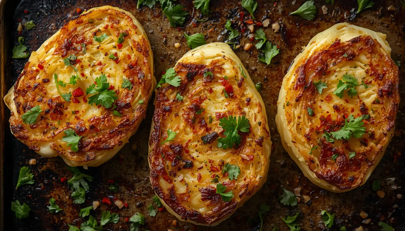 Cabbage Steaks 1 Golden roasted cabbage steaks with crispy caramelized edges on a baking sheet