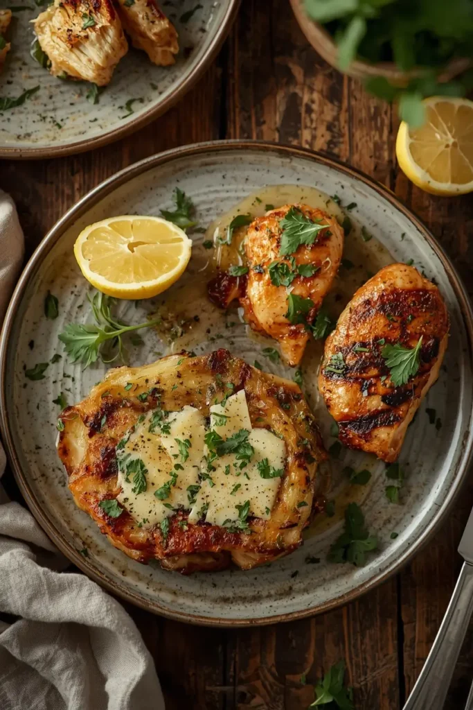 Cabbage Steaks 4 Plated cabbage steak topped with Parmesan and herbs served with grilled chicken