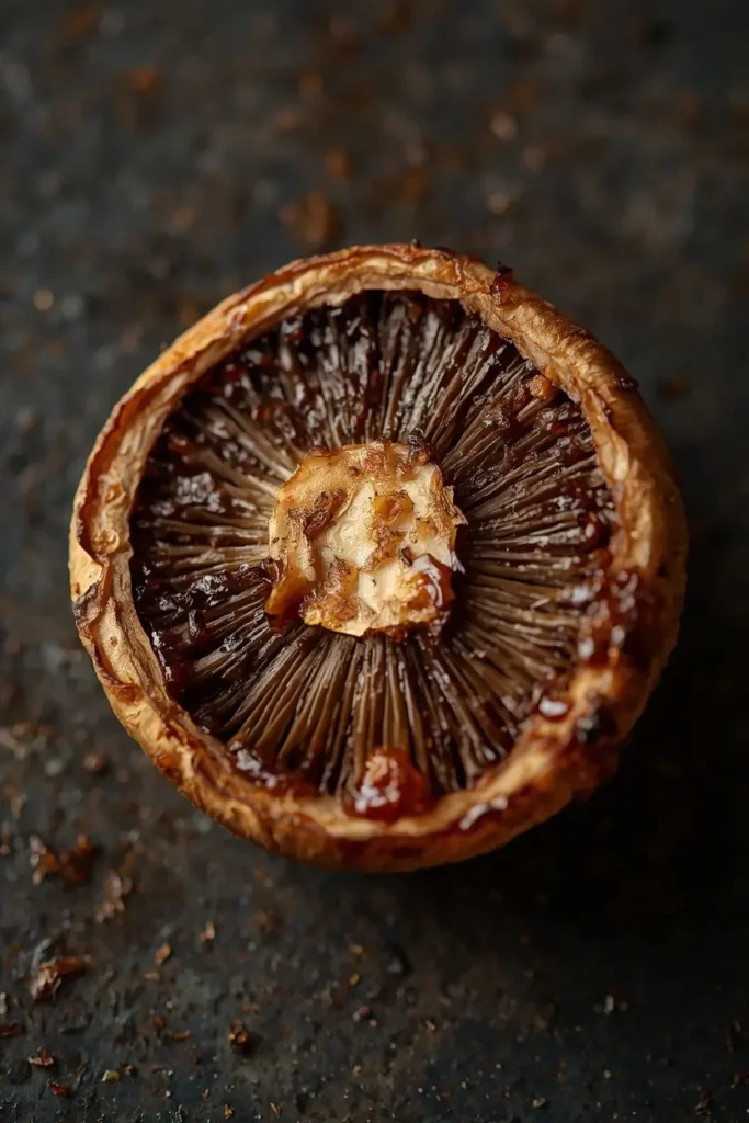 Close-up of a caramelized roasted mushroom with golden brown edges