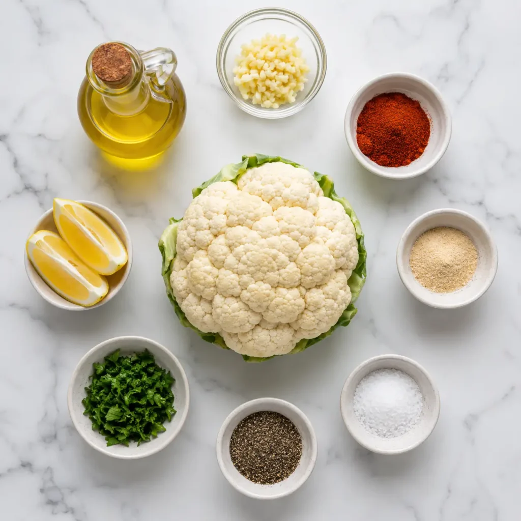 Cauliflower Steak 2 Ingredients for cauliflower steak recipe including cauliflower, garlic, and spices