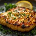 Golden roasted cauliflower steak recipe garnished with parsley and lemon