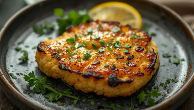 Golden roasted cauliflower steak recipe garnished with parsley and lemon