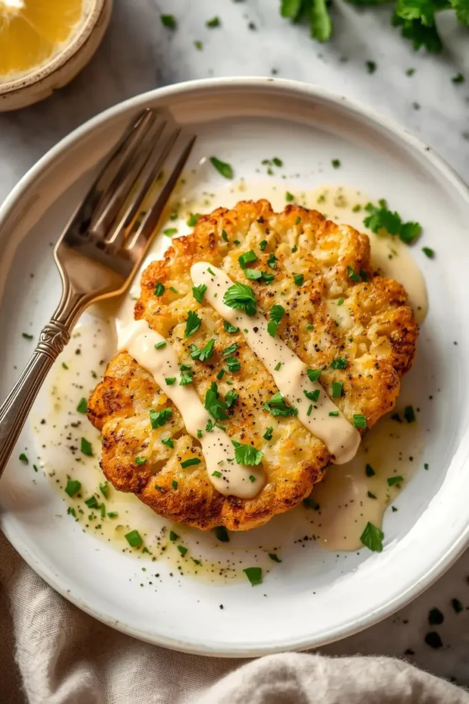 Cauliflower Steak 4 Plated cauliflower steak recipe drizzled with tahini lemon sauce
