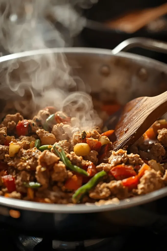Chang's Chicken Lettuce Wraps 3 Ground chicken filling for Chang's chicken lettuce wraps cooking in a skillet