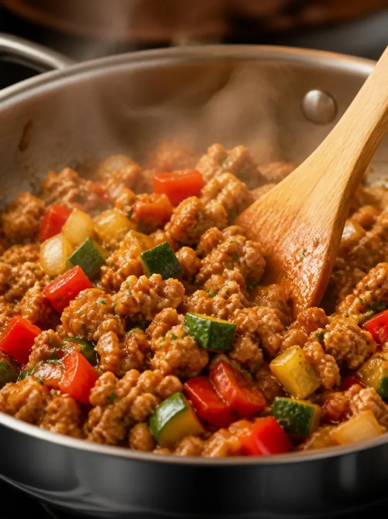 Ground chicken filling for Chang's chicken lettuce wraps cooking in a skillet