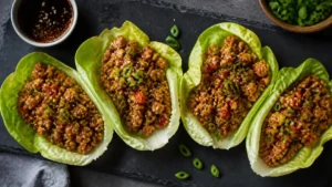 Chang's chicken lettuce wraps served on a wooden board with sesame garnish