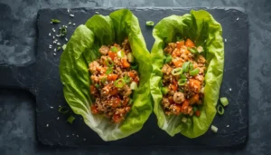 Chang's Chicken Lettuce Wraps Chang's chicken lettuce wraps served on a wooden board with sesame garnish