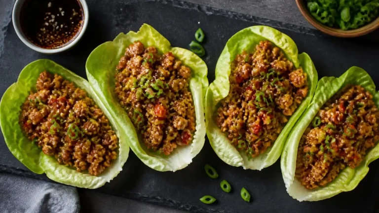 Chang's chicken lettuce wraps served on a wooden board with sesame garnish