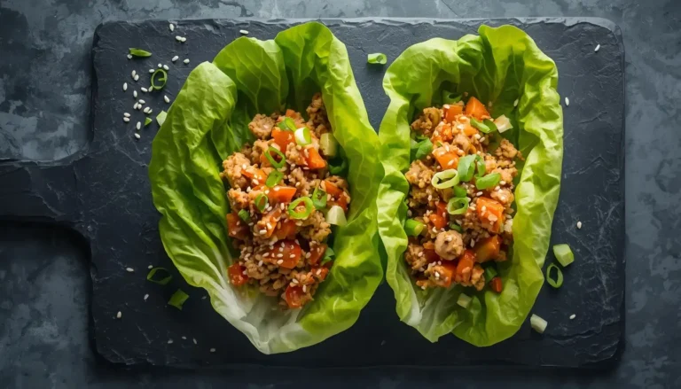 Chang's chicken lettuce wraps served on a wooden board with sesame garnish
