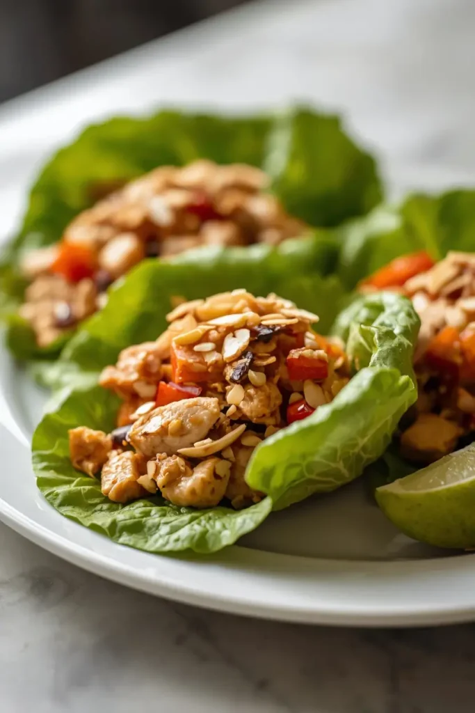 Chang's Chicken Lettuce Wraps 4 Plated Chang's chicken lettuce wraps topped with crushed almonds and lime