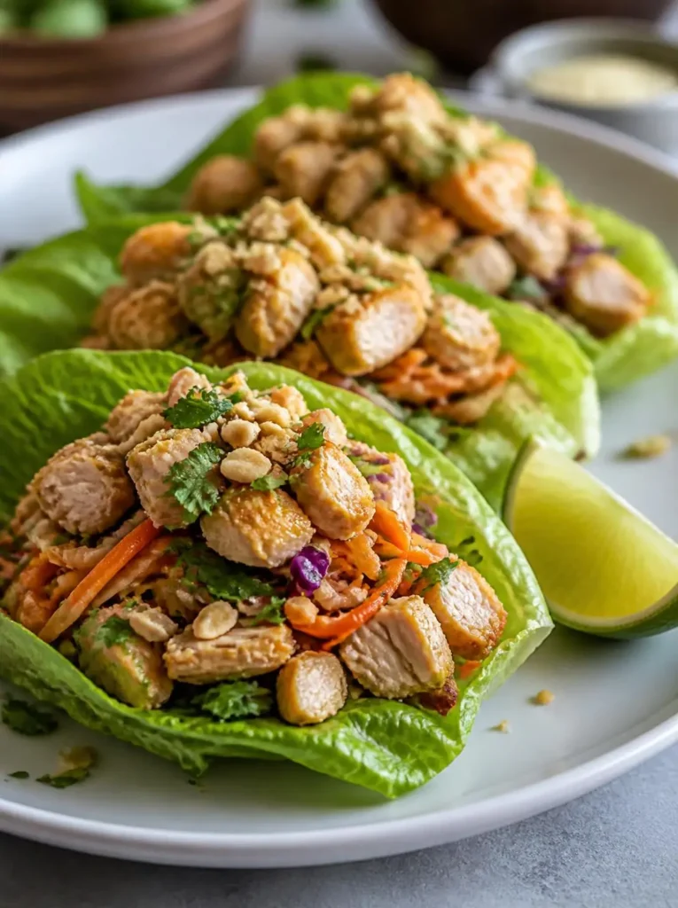Plated Chang's chicken lettuce wraps topped with crushed almonds and lime