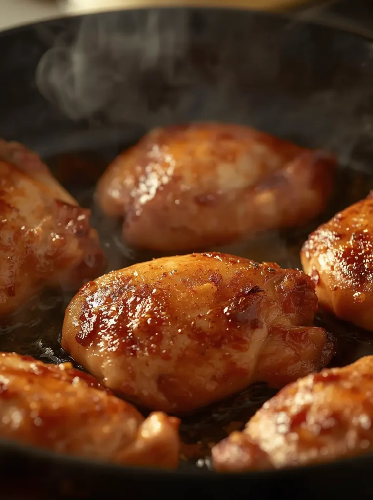 Searing seasoned chicken thighs in a skillet for a chipotle keto bowl