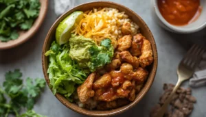 Chipotle keto bowl with grilled chicken, cauliflower rice, and guacamole in a ceramic bowl