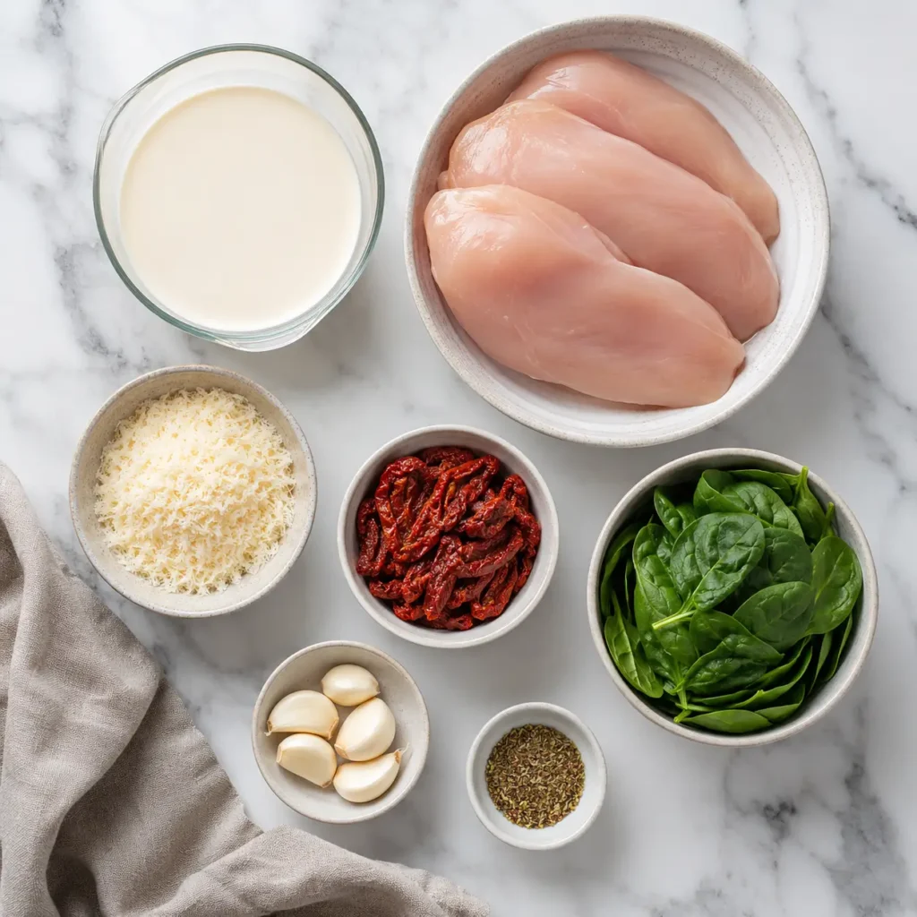 Creamy Tuscan Chicken 2 Fresh ingredients for creamy tuscan chicken recipe including chicken, cream, and sun-dried tomatoes