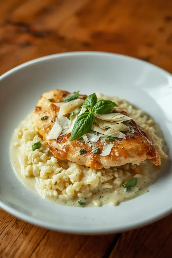 Creamy Tuscan Chicken 5 Plated creamy tuscan chicken recipe served over cauliflower rice with basil garnish