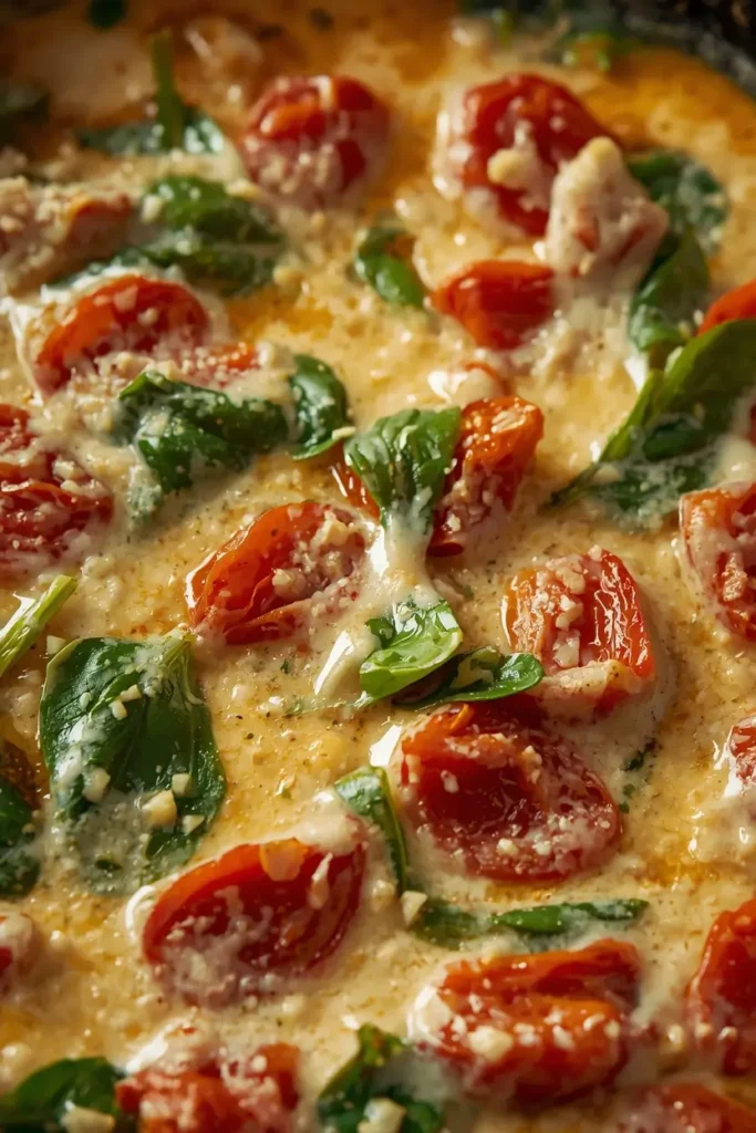 Creamy Tuscan Chicken 4 Close-up of creamy garlic parmesan sauce with sun-dried tomatoes for tuscan chicken