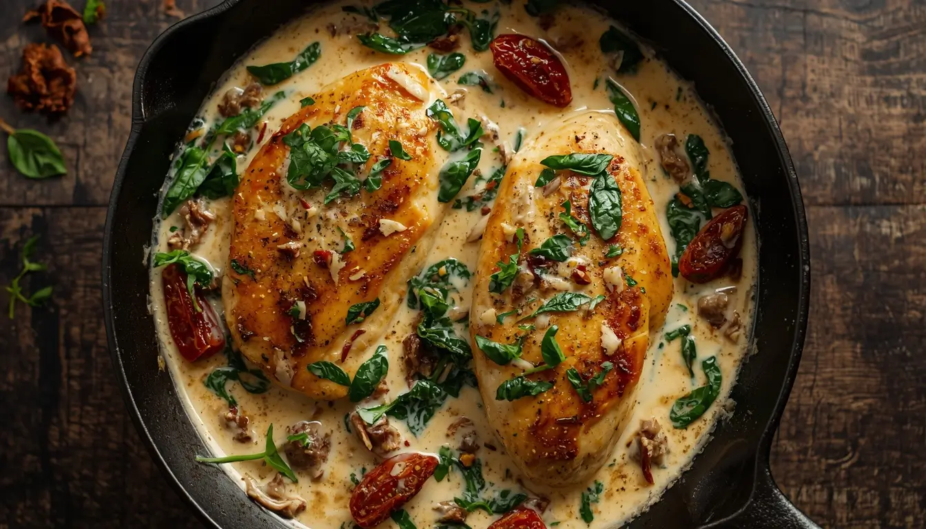 Creamy Tuscan Chicken 1 Creamy tuscan chicken with sun-dried tomatoes and spinach in a cast iron skillet