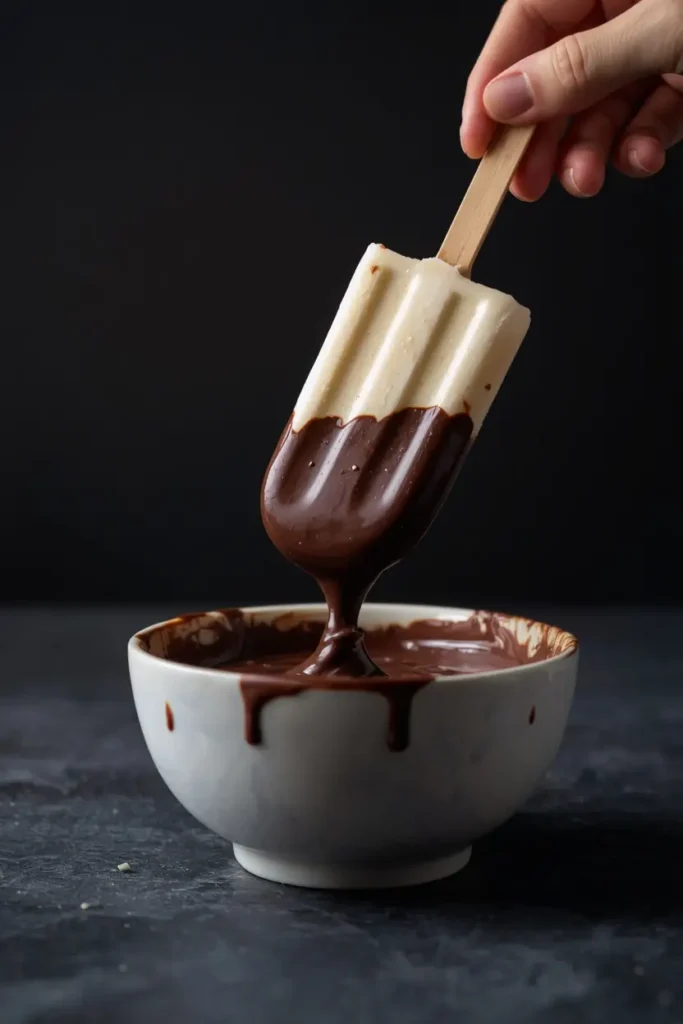 Frozen keto ice cream bar being dipped into melted dark chocolate