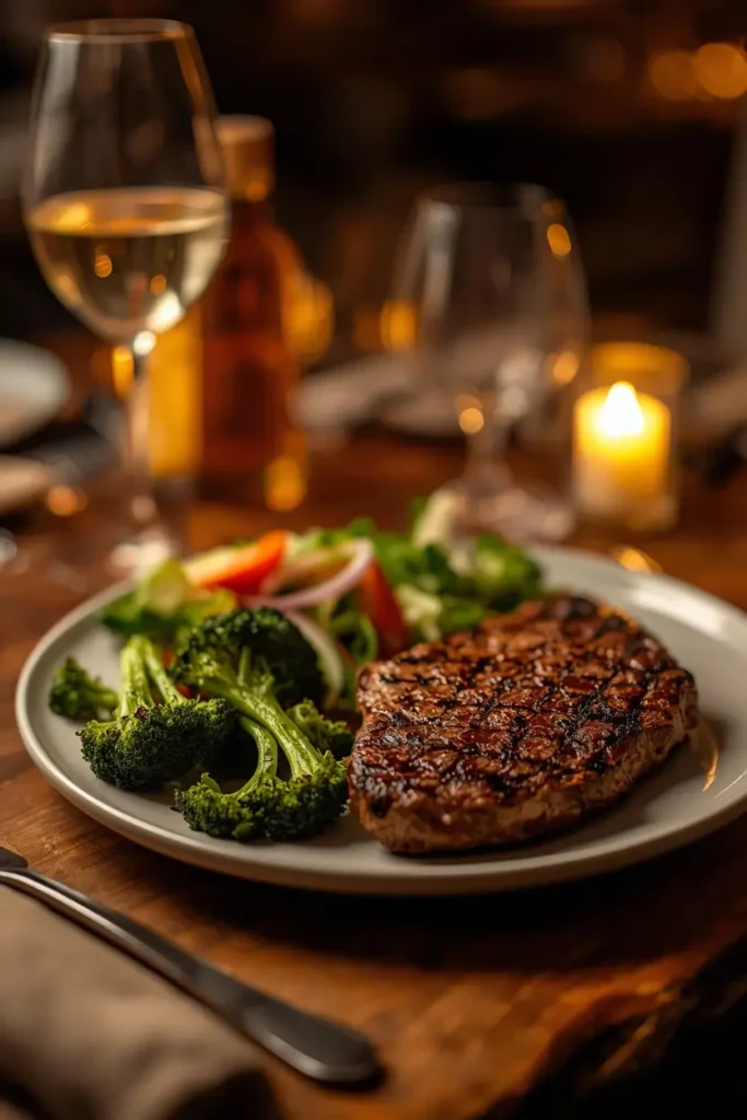 Grilled Broccoli 4 Grilled broccoli served as a side dish with steak on a dinner plate