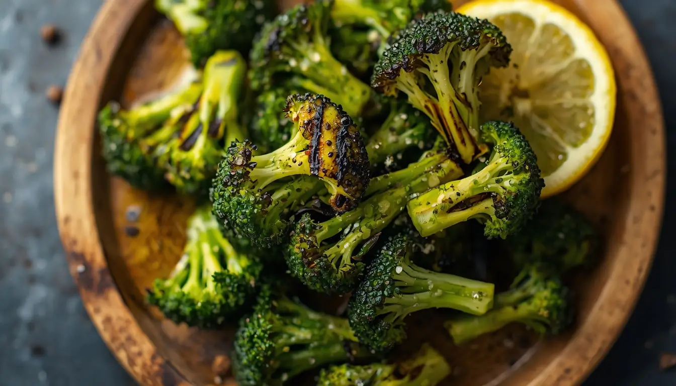 Grilled Broccoli 1 Grilled broccoli florets with charred edges served on a wooden platter