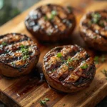 Four grilled portobello mushrooms with char marks on a wooden board, garnished with thyme