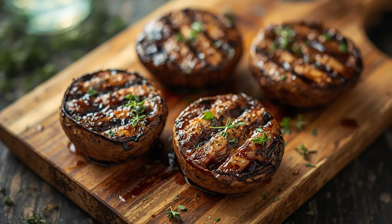 Four grilled portobello mushrooms with char marks on a wooden board, garnished with thyme