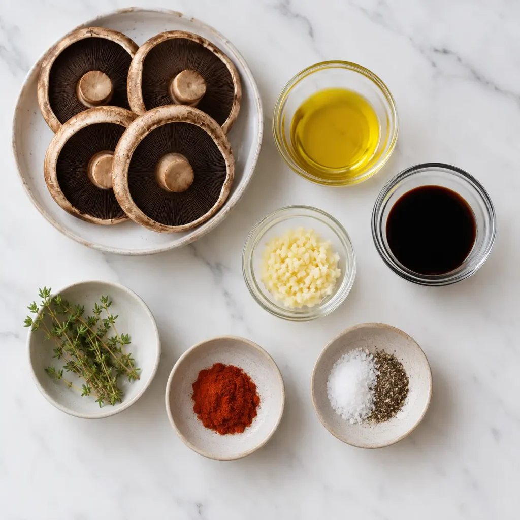 Raw ingredients for grilled portobello mushrooms including mushroom caps, olive oil, garlic, and thyme