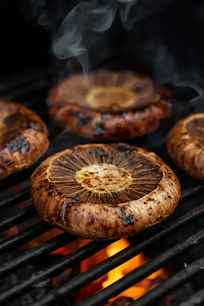 Portobello mushroom caps searing gill-side down on a hot outdoor grill