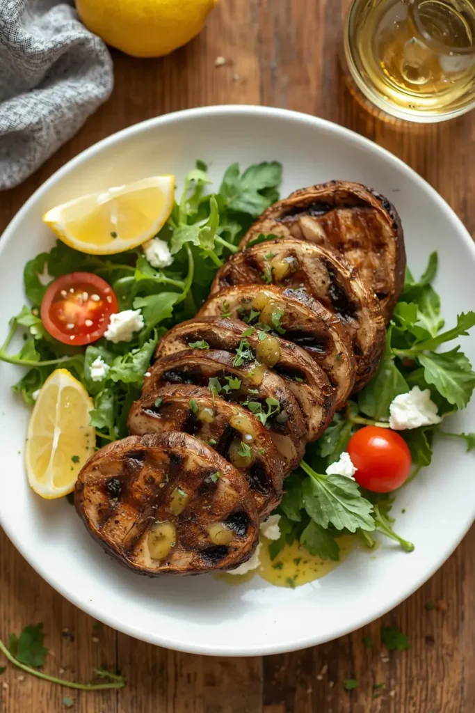 Sliced grilled portobello mushroom served over an arugula salad with feta and tomatoes
