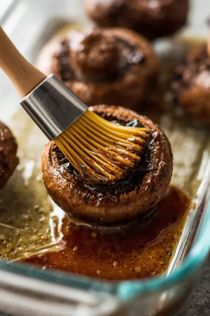 Brushing balsamic marinade onto portobello mushroom caps before grilling