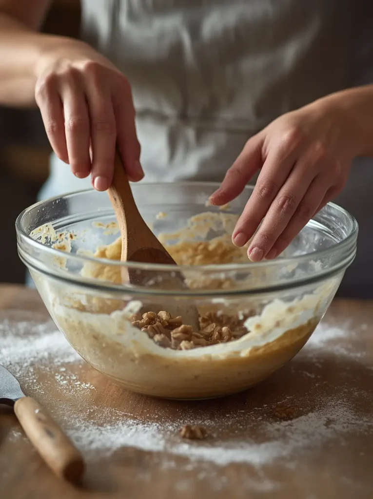 Folding walnuts into keto banana bread recipe batter in glass bowl