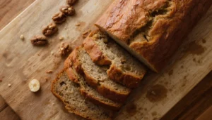 Sliced keto banana bread recipe loaf on wooden cutting board with walnuts