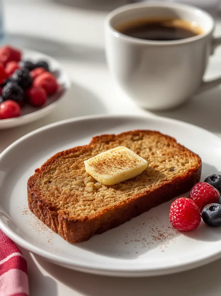 Toasted keto banana bread recipe slice with butter and coffee
