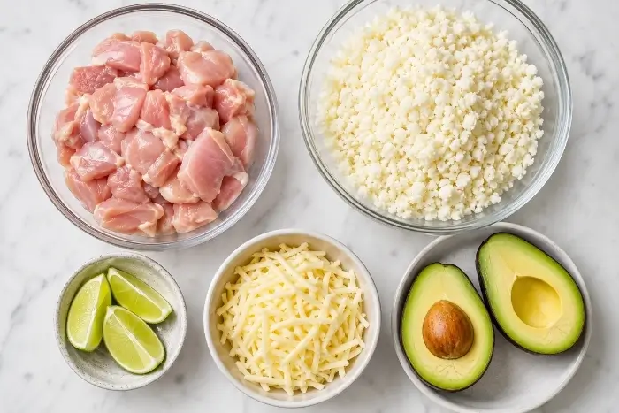 Fresh ingredients for a keto bowl chipotle recipe including chicken, cauliflower rice, and avocado