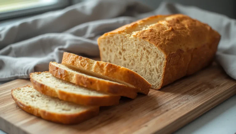 Sliced keto bread recipe with yeast on a wooden cutting board showing soft crumb texture