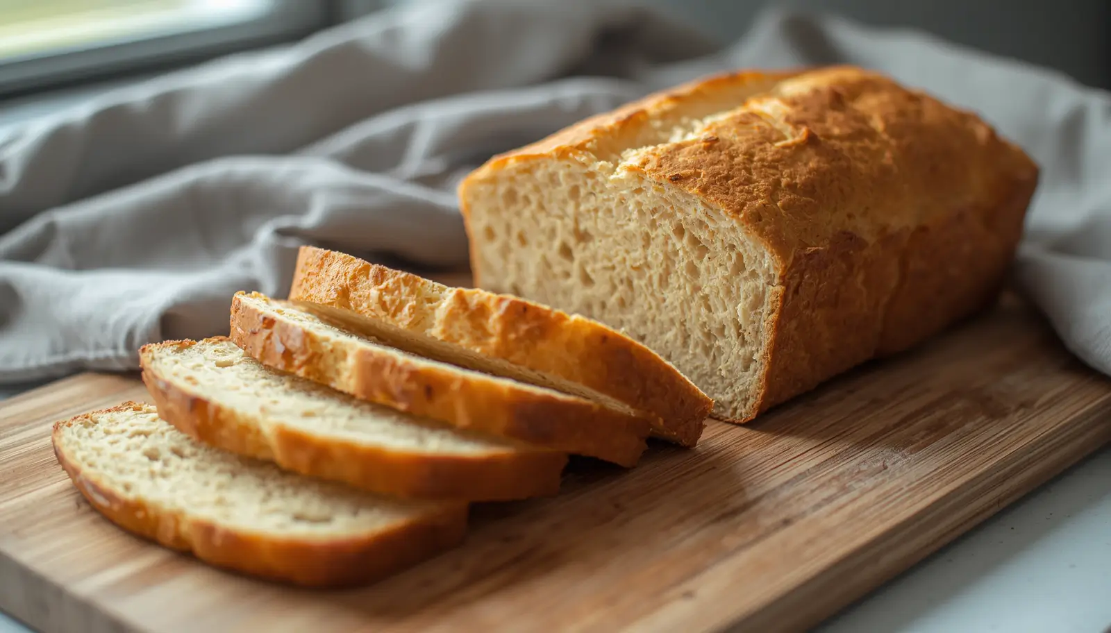 Keto Bread Recipe with Yeast 1 Sliced keto bread recipe with yeast on a wooden cutting board showing soft crumb texture