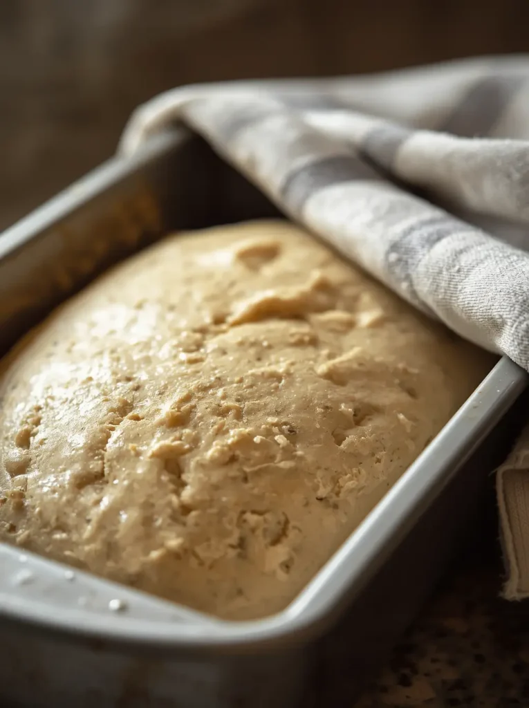 Keto Bread Recipe with Yeast 3 Keto bread with yeast dough proofing in a loaf pan before baking