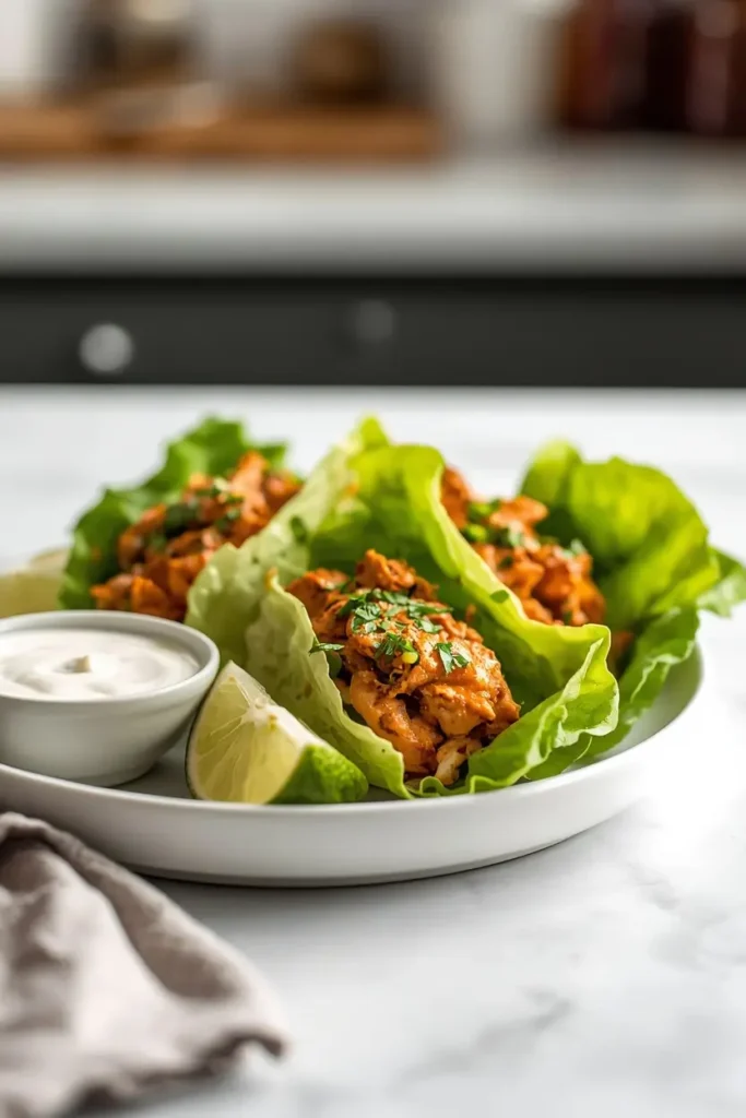 Plate of rolled keto buffalo chicken wraps served with ranch dressing on the side
