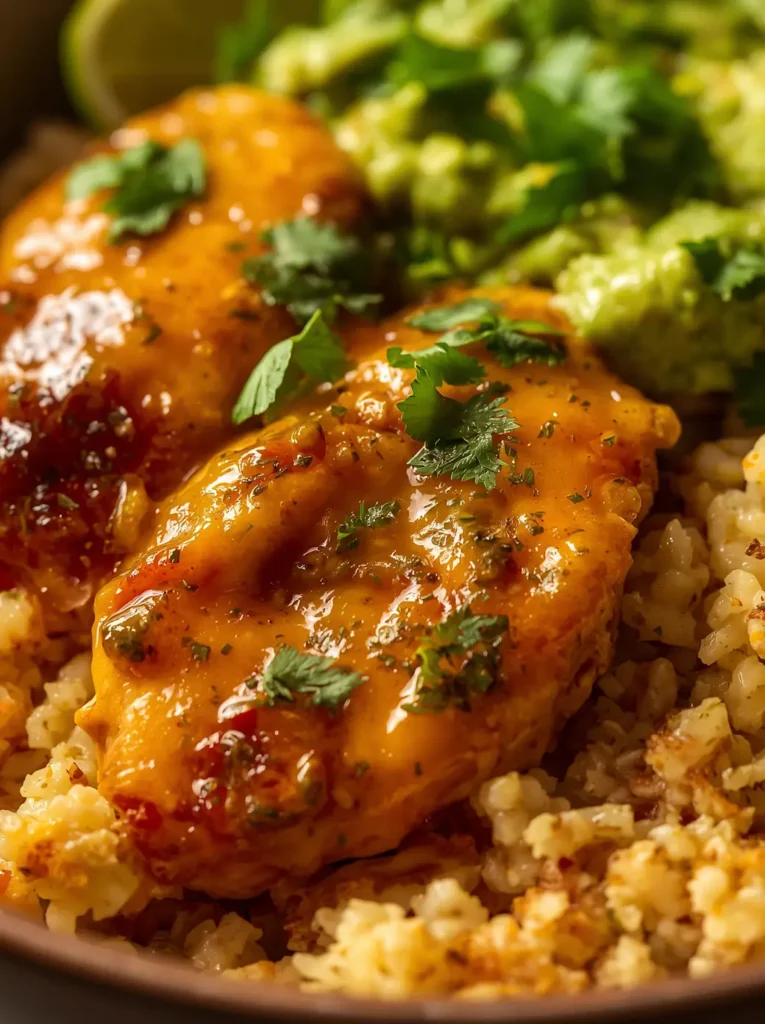 Close-up of a finished keto chipotle bowl with melted cheese, guacamole, and cauliflower rice