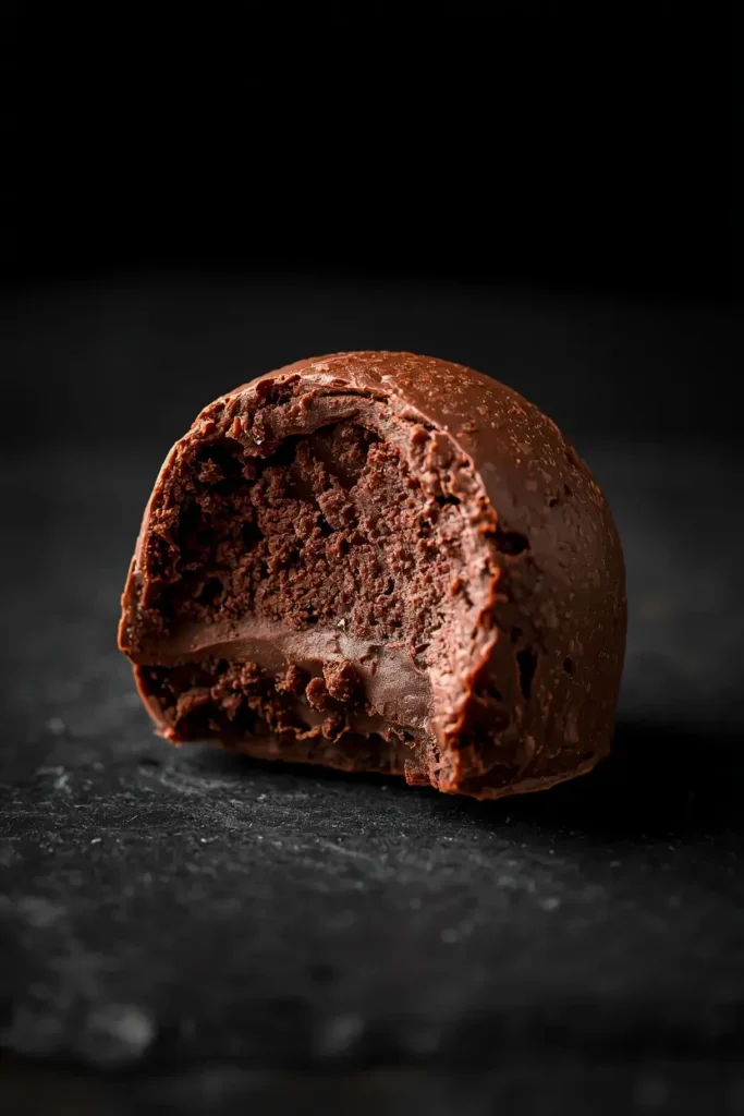 Keto Chocolate Fat Bombs 4 A single keto chocolate fat bomb bitten in half showing smooth texture