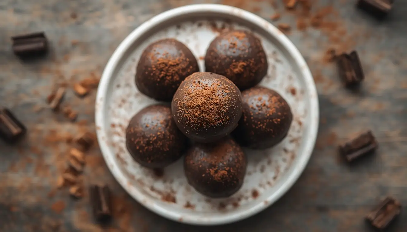 Keto chocolate fat bombs stacked on a white plate with cocoa dusting