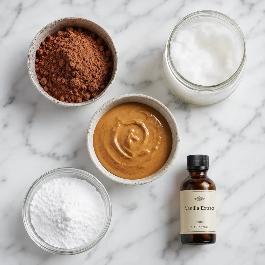Keto Chocolate Fat Bombs 2 Ingredients for keto chocolate fat bombs including cocoa powder, coconut oil, and almond butter
