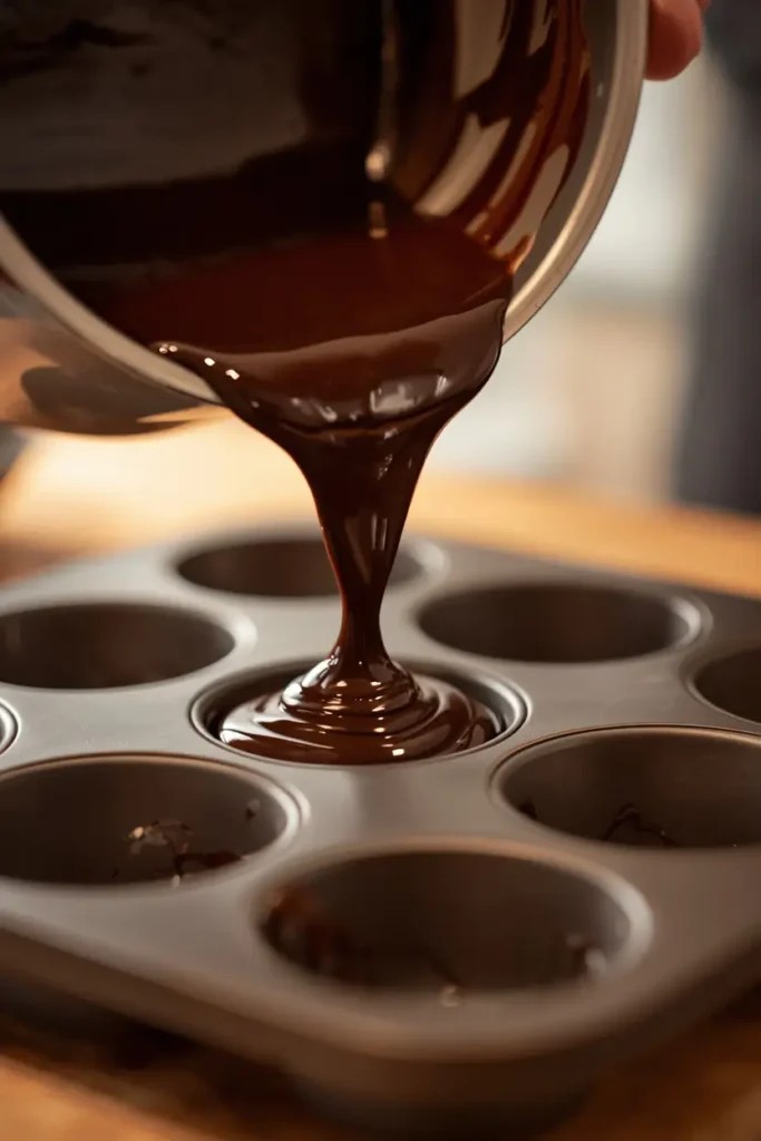Keto Chocolate Fat Bombs 3 Melted chocolate fat bomb mixture being poured into silicone molds