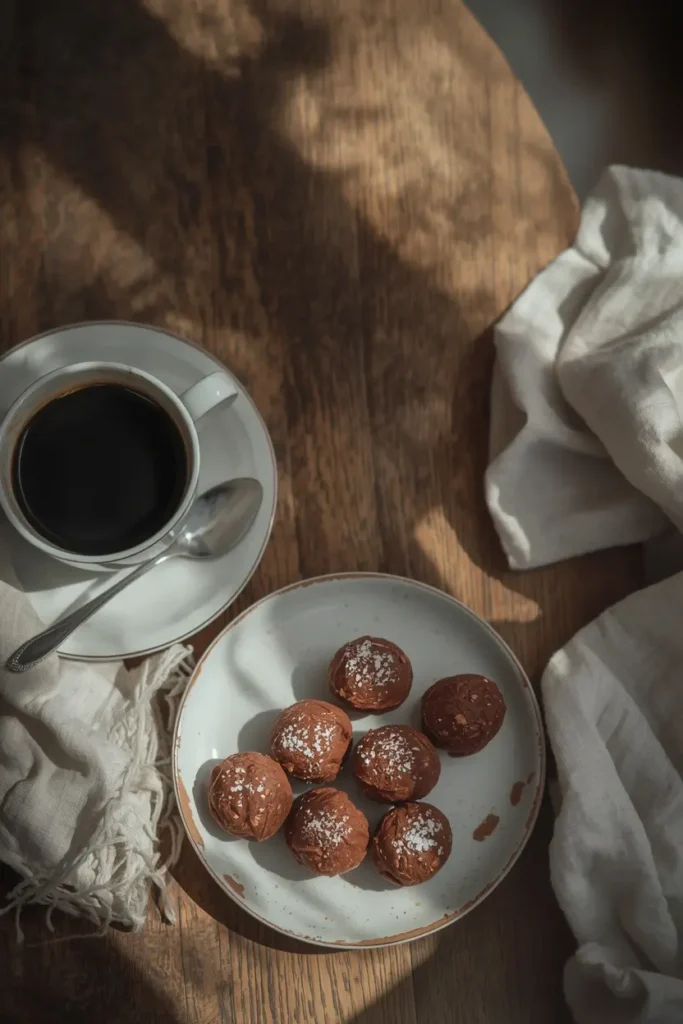 Keto Chocolate Fat Bombs 5 Keto chocolate fat bombs served with black coffee on a wooden table