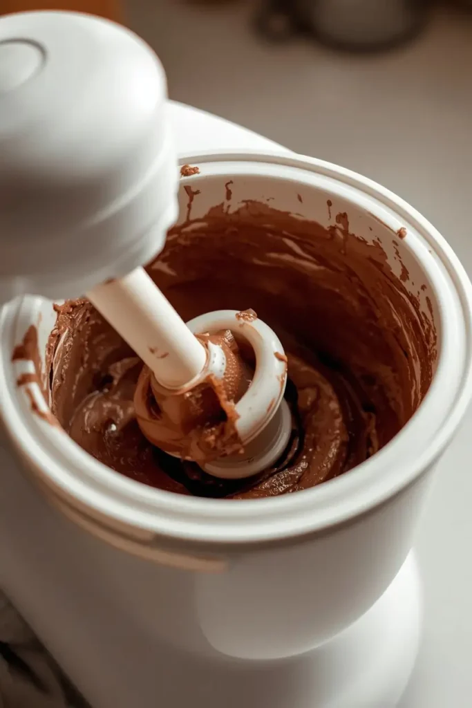 Keto chocolate ice cream mixture churning in an ice cream maker
