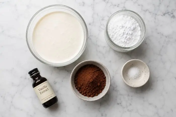 Ingredients for keto chocolate ice cream recipe laid out on a table
