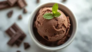 Close-up of a scoop of keto chocolate ice cream in a white bowl