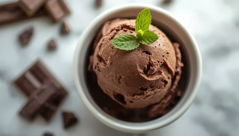 Close-up of a scoop of keto chocolate ice cream in a white bowl