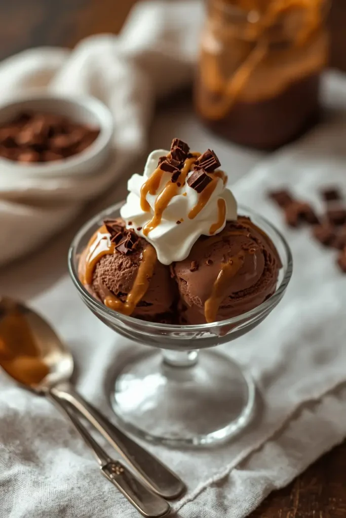 Keto chocolate ice cream served with whipped cream and chocolate shavings